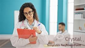  Presentation with doctor taking care of baby - Presentation theme having man-and-woman-doctors-taking and a coral colored foreground