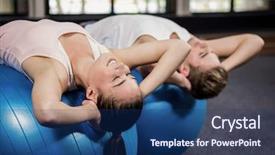  Presentation with abdominal - Presentation theme enhanced with man and woman doing abdominal crunches on fitness ball at gym background and a ocean colored foreground