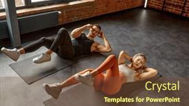  Presentation with exercise class - Presentation featuring man-and-woman-doing-abs background and a  colored foreground
