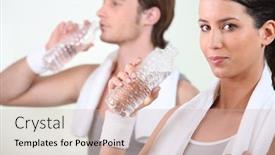 Presentation with water sports - Amazing PPT theme having man and woman drinking water after sports backdrop and a soft green colored foreground
