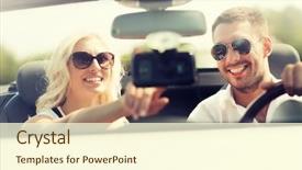  Presentation with road trip - Colorful slides enhanced with man and woman driving car backdrop and a cream colored foreground