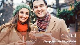  Presentation with snacks - Cool new PPT theme with man and woman eating snacks on a christmas market looking happy backdrop and a coral colored foreground