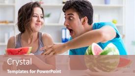  Presentation with man joined woman - Cool new PPT theme with man-and-woman-eating-watermelon backdrop and a coral colored foreground