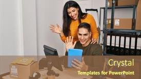  Presentation with office workers - PPT layouts with man-and-woman-ecommerce-business background and a tawny brown colored foreground