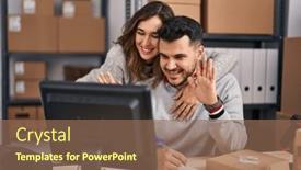  Presentation with office workers - PPT theme featuring man-and-woman-ecommerce-business background and a violet colored foreground