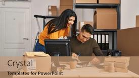  Presentation with economy - Slides featuring man-and-woman-ecommerce-business background and a coral colored foreground