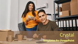  Presentation with office workers - Slide set consisting of man-and-woman-ecommerce-business background and a tawny brown colored foreground