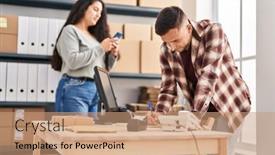  Presentation with bussines - Presentation theme featuring man-and-woman-ecommerce-bussines background and a coral colored foreground