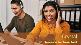  Presentation with call center - Presentation theme featuring man-and-woman-ecommerce-call background and a red colored foreground