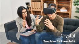  Presentation with virtual reality - Slide set having man-and-woman-having-virtual background and a ocean colored foreground
