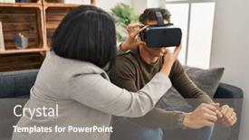  Presentation with virtual reality - Presentation design having man-and-woman-having-virtual background and a gray colored foreground
