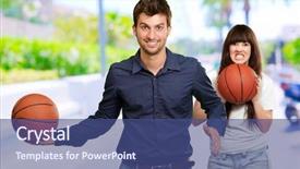  Presentation with basketball referee holding a basketball - Slide deck featuring man and woman holding basketball background and a ocean colored foreground