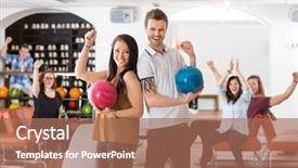  Presentation with bowling - Audience pleasing PPT layouts consisting of man and woman holding bowling backdrop and a coral colored foreground