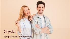  Presentation with people - Presentation design featuring man and woman in basic background and a lemonade colored foreground