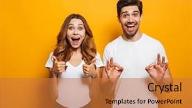  Presentation with photo - Presentation design enhanced with man and woman in basic background and a gold colored foreground