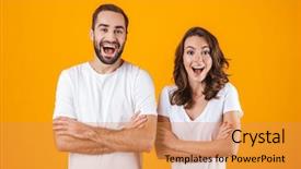  Presentation with people - Slide set featuring man and woman in basic background and a gold colored foreground