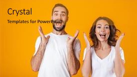  Presentation with people - Colorful presentation theme enhanced with man and woman in basic backdrop and a gold colored foreground