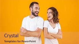  Presentation with five business people standing together and smiling - Cool new PPT layouts with man and woman in basic backdrop and a yellow colored foreground