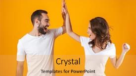  Presentation with young man and a woman - Presentation design featuring man and woman in basic background and a  colored foreground