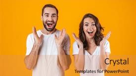  Presentation with five business people standing together and smiling - Slide deck having man and woman in basic background and a  colored foreground