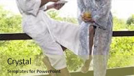  Presentation with railing - Presentation enhanced with man and woman in bathrobes leaning on terrace railing with tea background and a yellow colored foreground