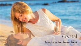  Presentation with honeymoon - Colorful slide set enhanced with man and woman in love couple enjoying glass of champagne on tropical beach at sunset honeymoon concept backdrop and a lemonade colored foreground