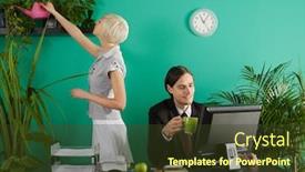  Presentation with woman office desk - Slide set having man-and-woman-in-office background and a tawny brown colored foreground