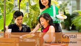  Presentation with asian nurse helps a man - Cool new PPT theme with man and woman in restaurant backdrop and a gold colored foreground