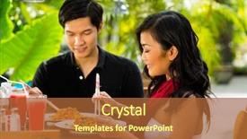  Presentation with asian chopsticks - Audience pleasing presentation design consisting of man and woman in restaurant backdrop and a red colored foreground