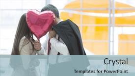  Presentation with hearing loss communication man - PPT theme featuring man and woman kiss behind heart shaped balloon background and a light blue colored foreground