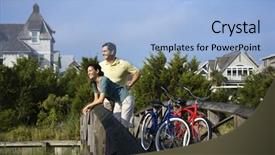  Presentation with railing - Presentation theme having man and woman leaning and relaxing on a bridge railing with their bikes horizontal shot background and a light blue colored foreground