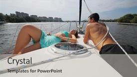  Presentation with yacht - PPT layouts featuring man and woman lie on snout of yacht on river near city at summer day background and a light gray colored foreground