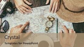  Presentation with world travel - Colorful slide set enhanced with woman looking for new travel backdrop and a coral colored foreground