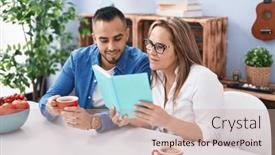  Presentation with coffee book - PPT theme enhanced with man-and-woman-mother background and a coral colored foreground