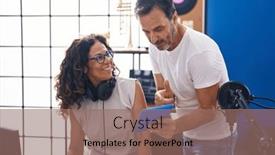  Presentation with computer music - Slide set with man-and-woman-musicians-composing background and a coral colored foreground