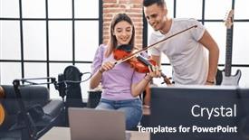  Presentation with music studio - PPT layouts enhanced with man-and-woman-musicians-having background and a tawny brown colored foreground
