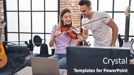  Presentation with music studio - Presentation enhanced with man-and-woman-musicians-having background and a tawny brown colored foreground