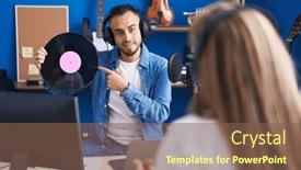  Presentation with music vinyl - Theme having man-and-woman-musicians-listening background and a  colored foreground