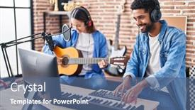  Presentation with piano keyboard - Presentation theme with man-and-woman-musicians-playing background and a ocean colored foreground