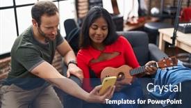  Presentation with ukulele - PPT theme having man-and-woman-musicians-playing background and a ocean colored foreground