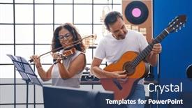  Presentation with classical music - Presentation theme enhanced with man-and-woman-musicians-playing background and a ocean colored foreground