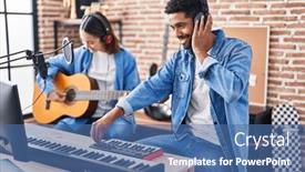  Presentation with piano keyboard - Presentation design consisting of man-and-woman-musicians-playing background and a ocean colored foreground