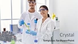  Presentation with test tube laboratory - Presentation enhanced with man-and-woman-partners-wearing background and a light blue colored foreground