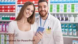  Presentation with pharmacist - Presentation design enhanced with man-and-woman-pharmacist background and a soft green colored foreground