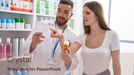  Presentation with pharmacist - Slide deck enhanced with man-and-woman-pharmacist background and a coral colored foreground