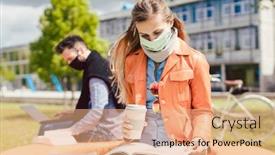  Presentation with social distancing - Presentation design consisting of man-and-woman-practicing-social background and a coral colored foreground