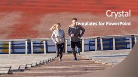  Presentation with upstairs - Slide deck featuring man and woman running upstairs background and a  colored foreground