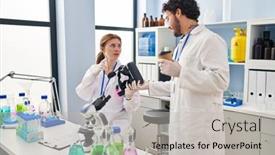  Presentation with partners - Presentation theme with man-and-woman-scientist-partners background and a light gray colored foreground