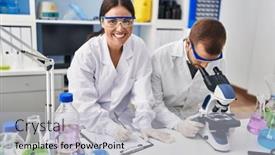  Presentation with partners - PPT theme consisting of man-and-woman-scientist-partners background and a light gray colored foreground