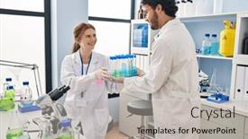  Presentation with tubes - PPT layouts having man-and-woman-scientist-partners background and a light gray colored foreground